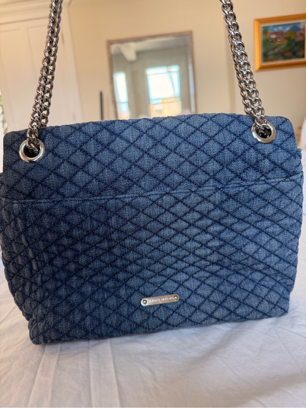 Rebecca Minkoff Quilted Blue Denim Shoulder Bag with Silver Chain - Picture 2 of 6